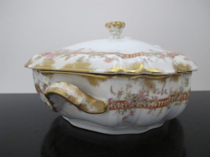 haviland limoges pink and yellow flower gold trim vegetable bowl tureen with lid 4033