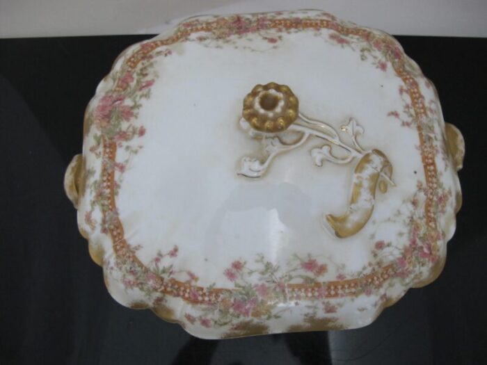 haviland limoges pink and yellow flower gold trim vegetable bowl tureen with lid 4446