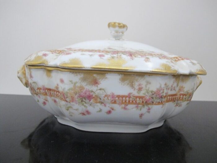 haviland limoges pink and yellow flower gold trim vegetable bowl tureen with lid 6340