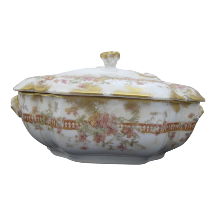 haviland limoges pink and yellow flower gold trim vegetable bowl tureen with lid 7012