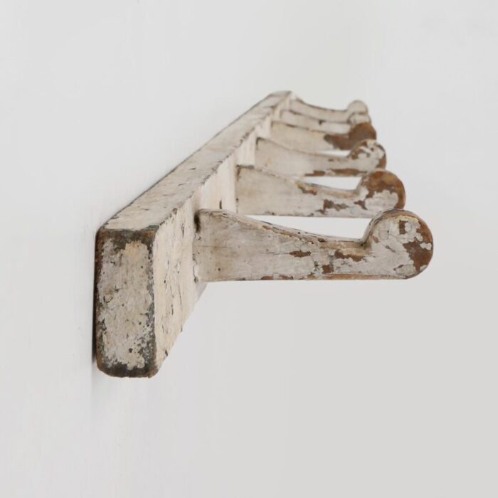 industrial white wall mounted coat rack in wood belgium 1920s 0180