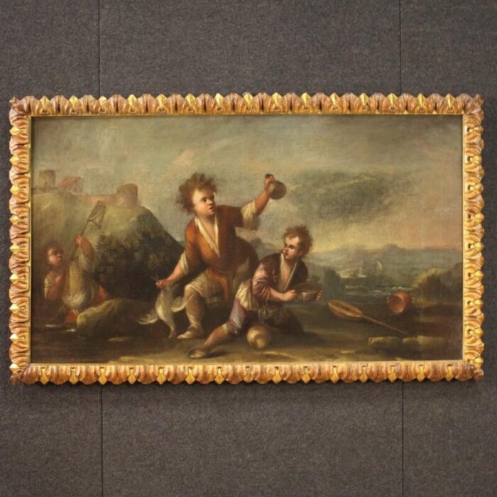 italian artist landscape with children 1730s oil on canvas framed 0220