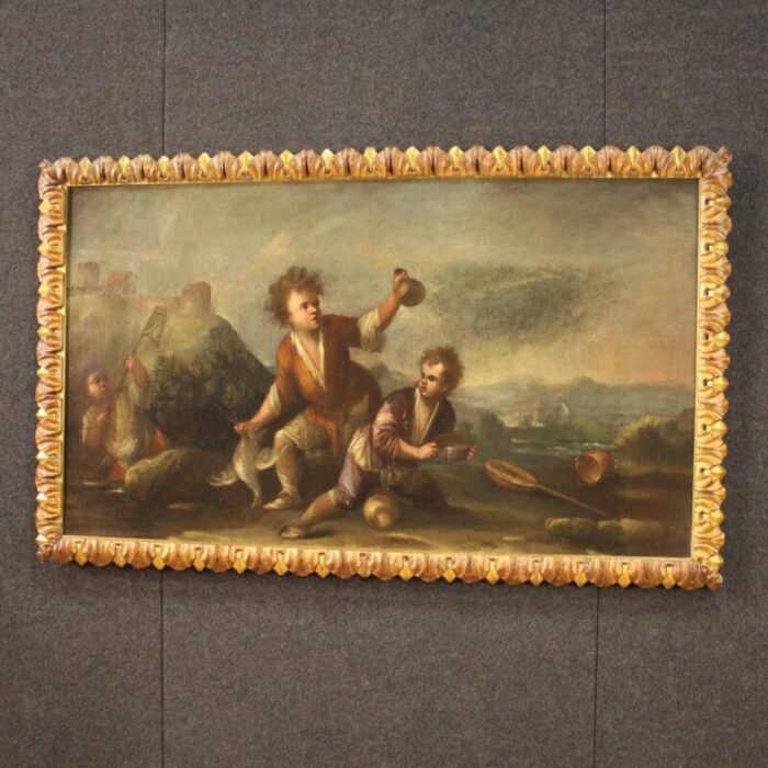 italian artist landscape with children 1730s oil on canvas framed 9559