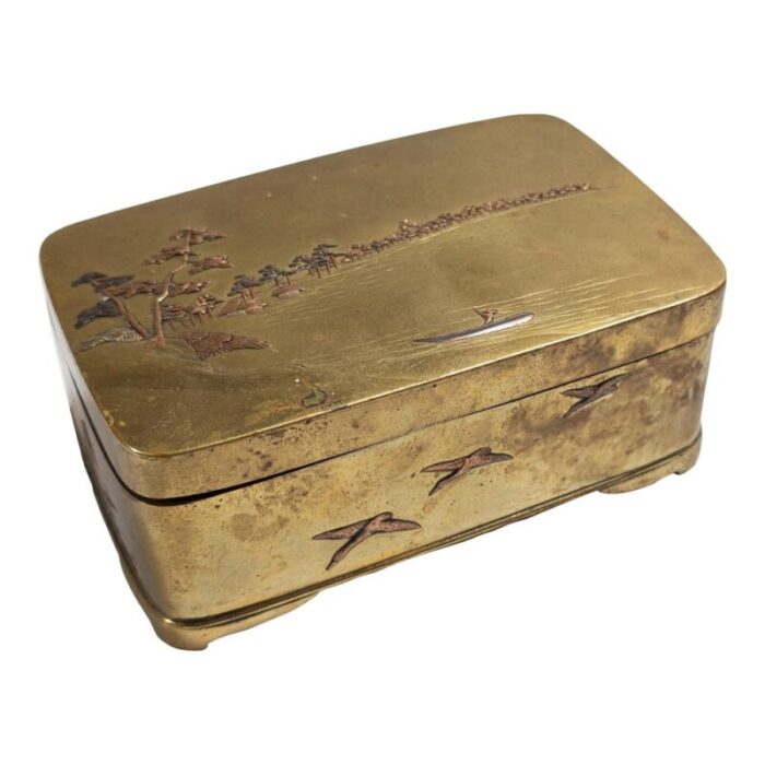 japanese meiji mixed metal box with birds and landscape 1