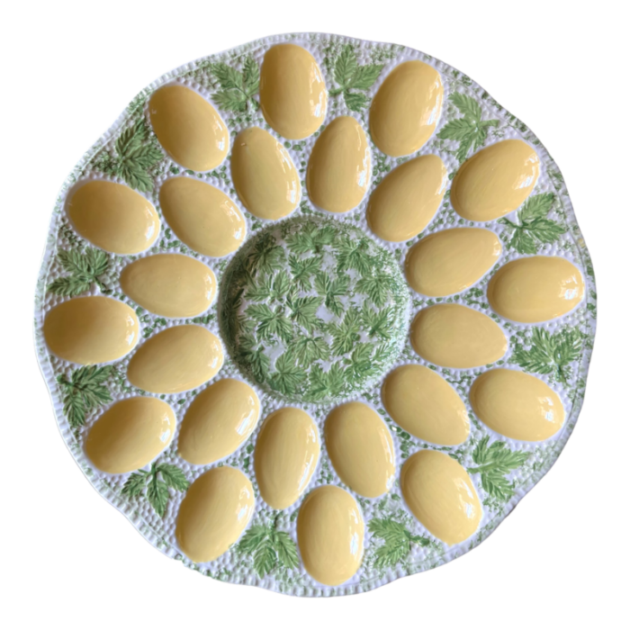 large 1950s hand painted majolica deviled egg platter yellow green fern leaves 5893