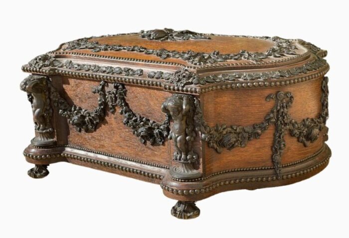 large carved wooden box with bronze garlands from maison tahan 3