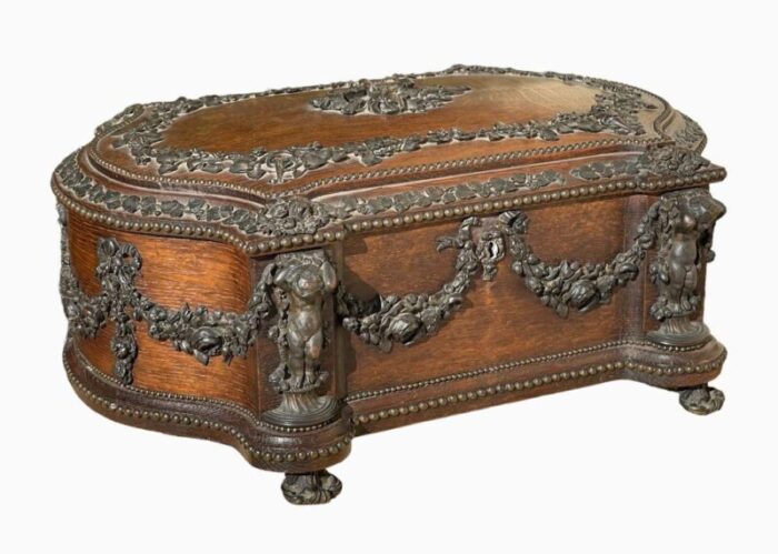 large carved wooden box with bronze garlands from maison tahan 4