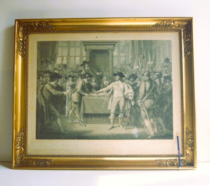 large early 19th century engraving in gold frame cromwell dissolving the parliament by john hall after benjamin west 3360