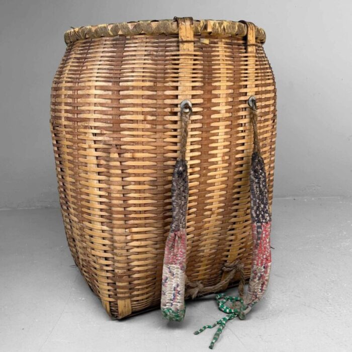 large handwoven bamboo harvest basket 1960s 1