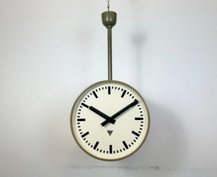 large industrial double sided factory clock from pragotron 1960s 2