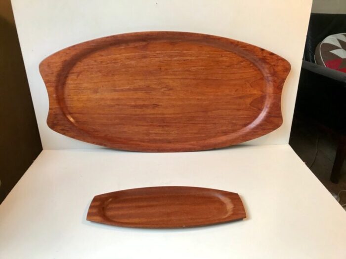 large small teak veneer serving trays from silva 1960s set of 2 1