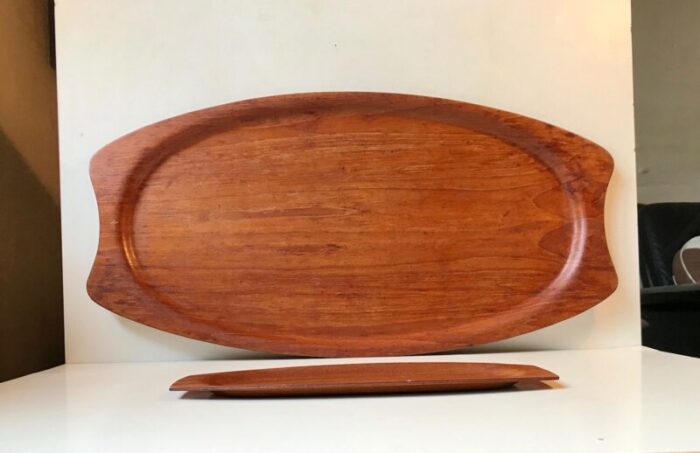 large small teak veneer serving trays from silva 1960s set of 2 2