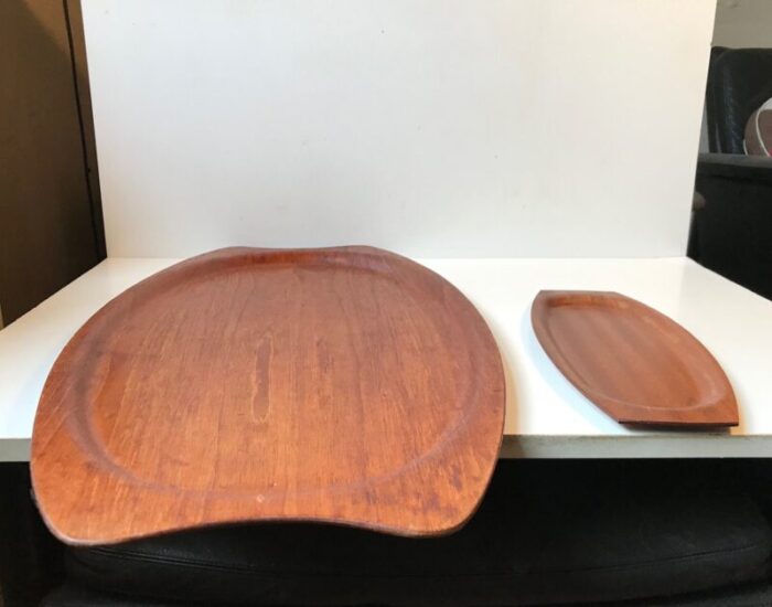 large small teak veneer serving trays from silva 1960s set of 2 5