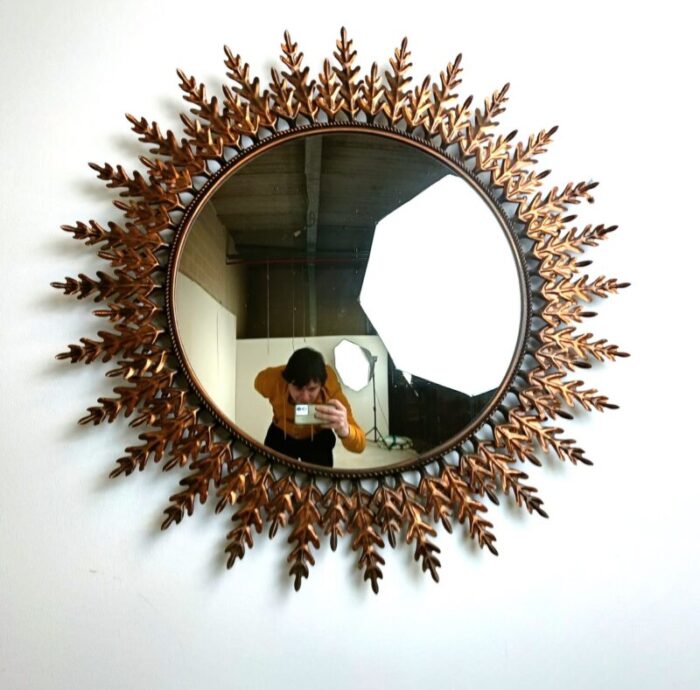 large vintage gilt metal sunburst mirror 1960s 3