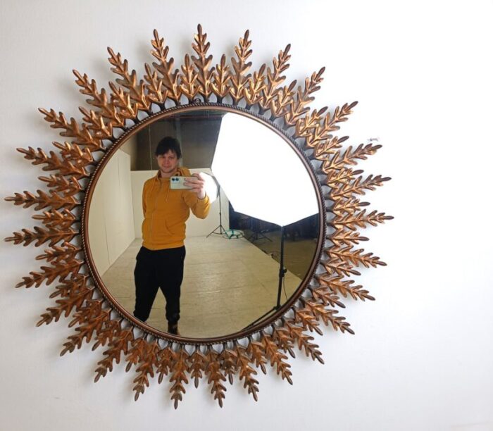 large vintage gilt metal sunburst mirror 1960s 5