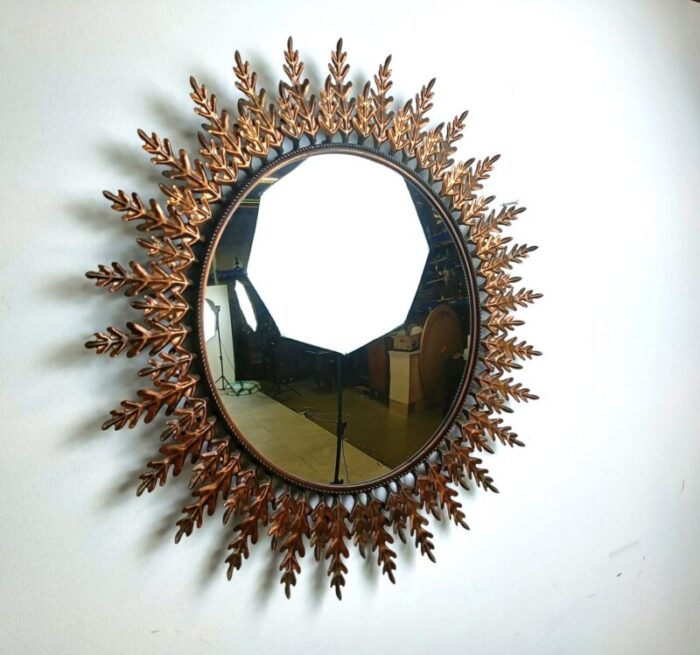 large vintage gilt metal sunburst mirror 1960s 6