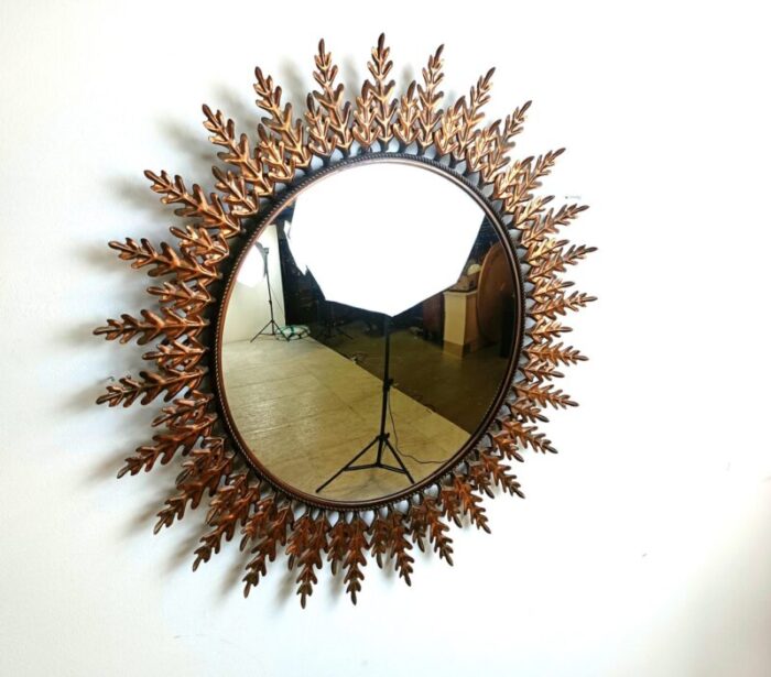 large vintage gilt metal sunburst mirror 1960s 8