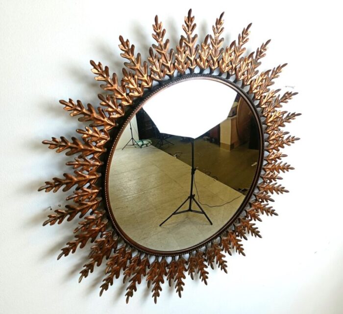 large vintage gilt metal sunburst mirror 1960s 9