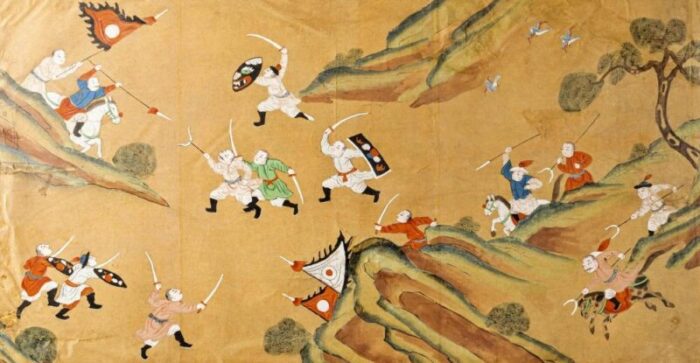 late 18th century chinese battle scene and hunting scene set of 2 2