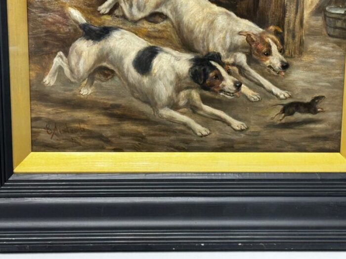 late 19th century british victorian hunting oil painting jack russell terrier dogs chasing rat in barn framed 2415