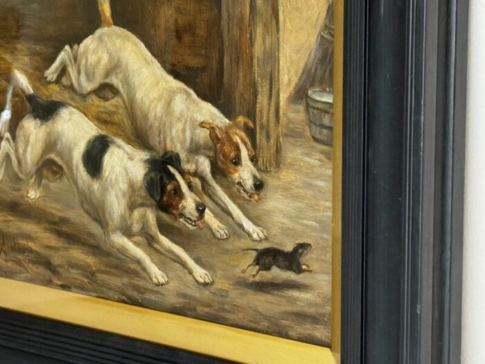 late 19th century british victorian hunting oil painting jack russell terrier dogs chasing rat in barn framed 3998