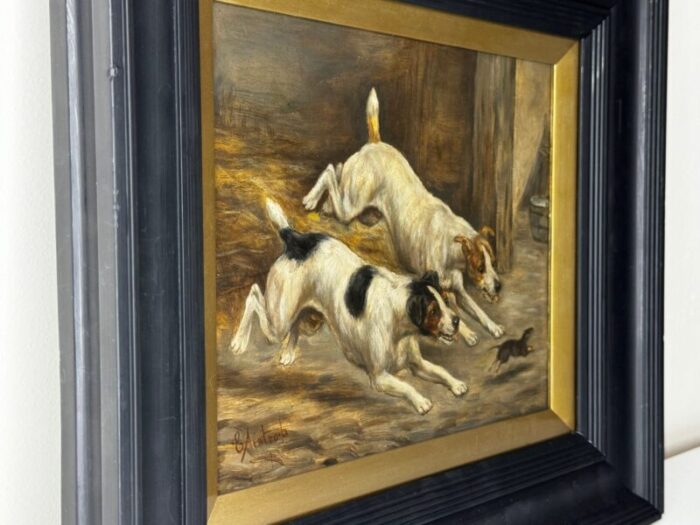 late 19th century british victorian hunting oil painting jack russell terrier dogs chasing rat in barn framed 4002