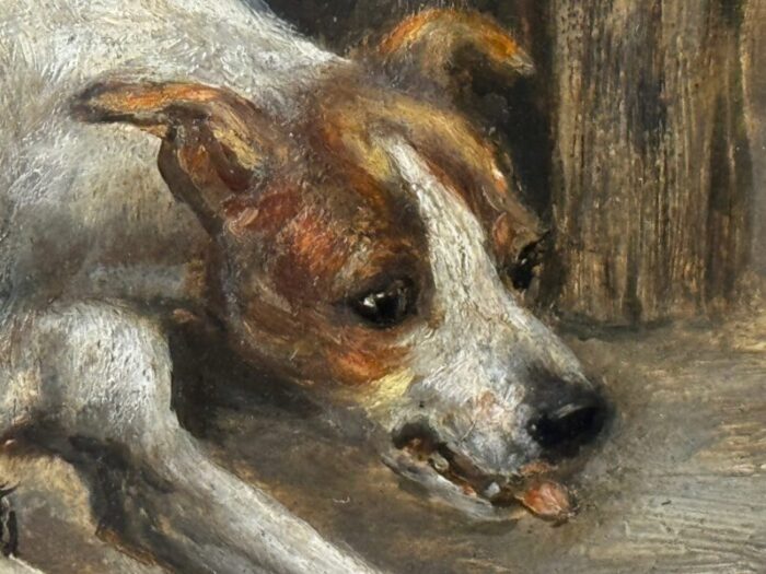 late 19th century british victorian hunting oil painting jack russell terrier dogs chasing rat in barn framed 4784