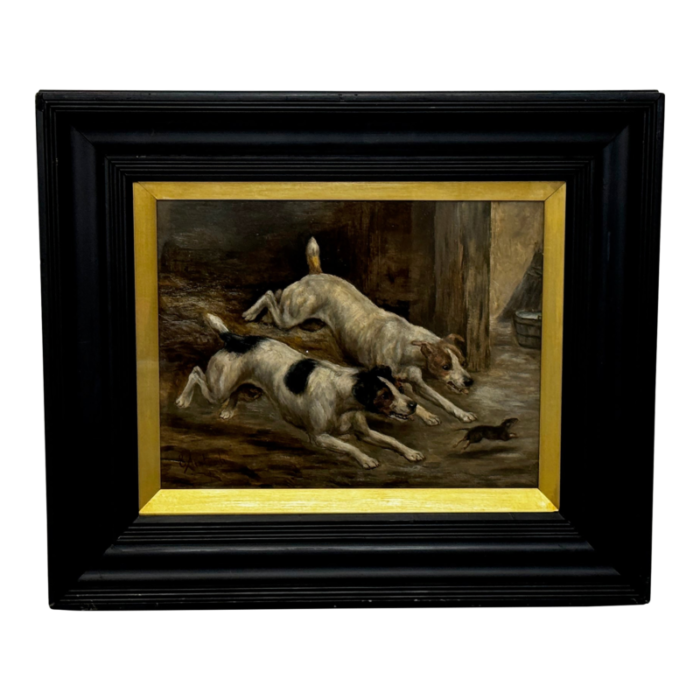 late 19th century british victorian hunting oil painting jack russell terrier dogs chasing rat in barn framed 7061