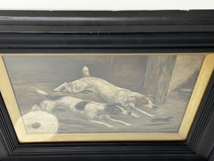 late 19th century british victorian hunting oil painting jack russell terrier dogs chasing rat in barn framed 7450