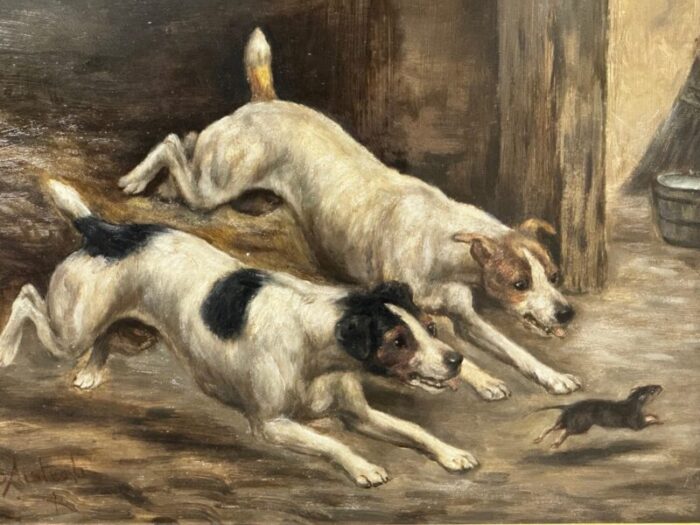 late 19th century british victorian hunting oil painting jack russell terrier dogs chasing rat in barn framed 7579