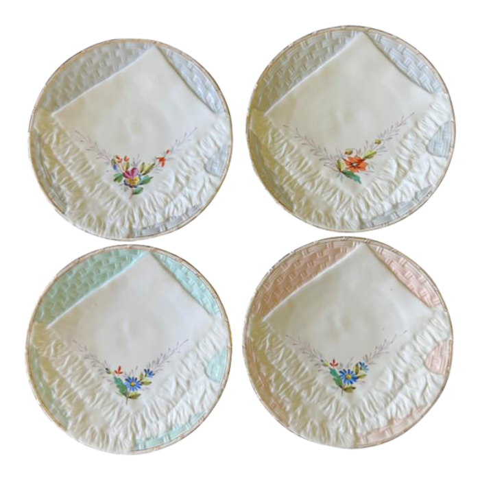 late 19th century luncheon plates linen napkin design pastel floral basketweave design set of 4 2334