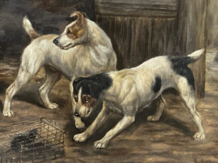 late 19th century victorian oil painting jack russell terrier dogs ratting guarding caged rat by edward aistrop framed 0225