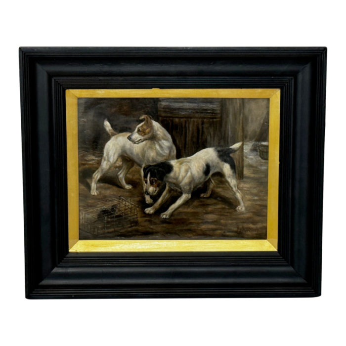 late 19th century victorian oil painting jack russell terrier dogs ratting guarding caged rat by edward aistrop framed 2526