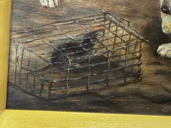 late 19th century victorian oil painting jack russell terrier dogs ratting guarding caged rat by edward aistrop framed 5776