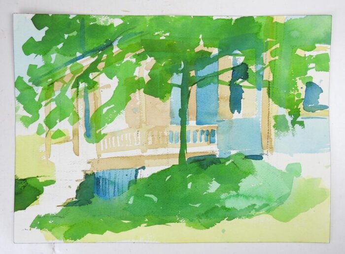 late 20th century impressionist house and landscape watercolor painting 5438