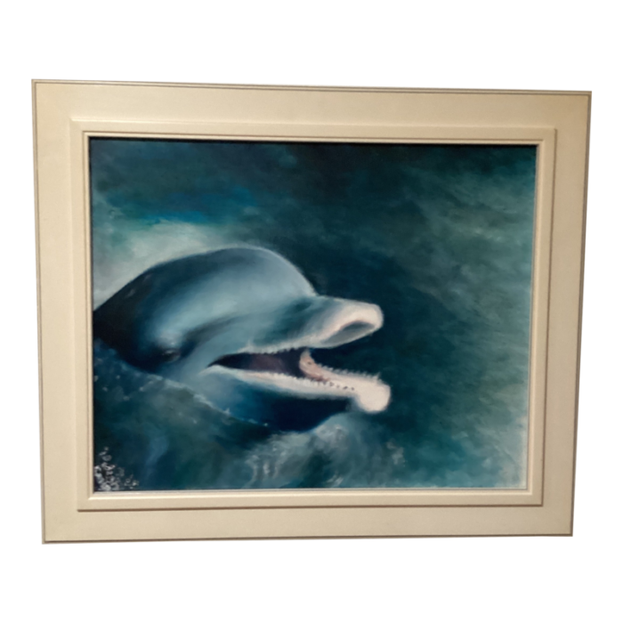 late 20th century seascape dolphinean original oil painting on canvas with artist marks framed 0222