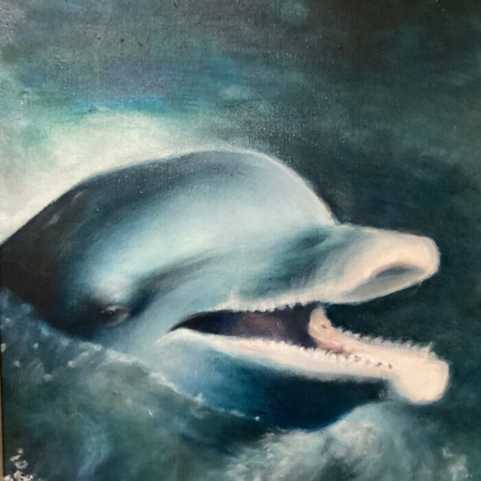 late 20th century seascape dolphinean original oil painting on canvas with artist marks framed 0268