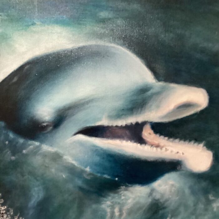 late 20th century seascape dolphinean original oil painting on canvas with artist marks framed 2459