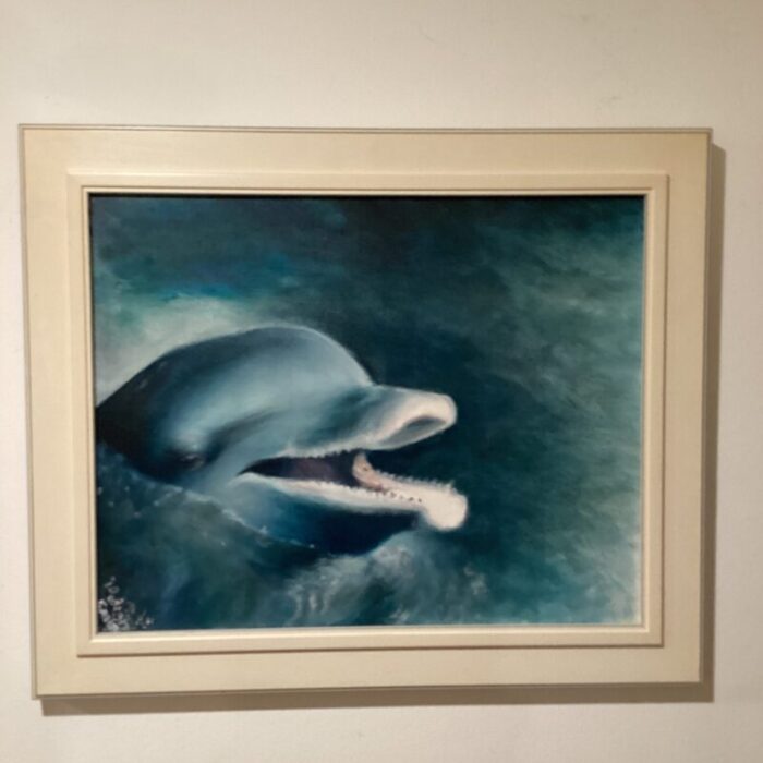 late 20th century seascape dolphinean original oil painting on canvas with artist marks framed 5440