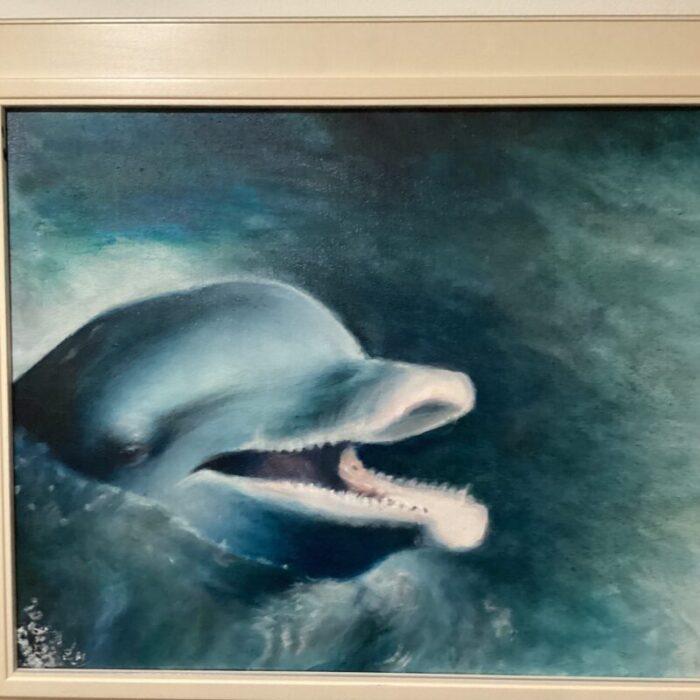 late 20th century seascape dolphinean original oil painting on canvas with artist marks framed 6223