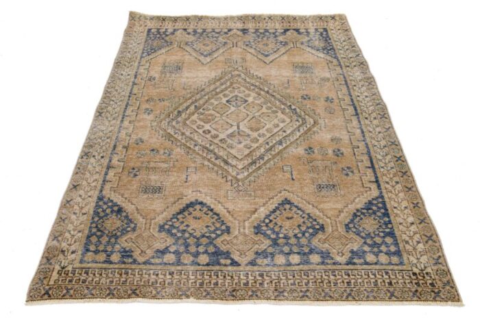 light brown vintage distressed persian scatter wool rug with medallion motif 1281