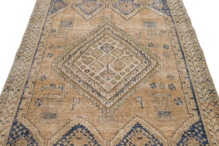 light brown vintage distressed persian scatter wool rug with medallion motif 8347