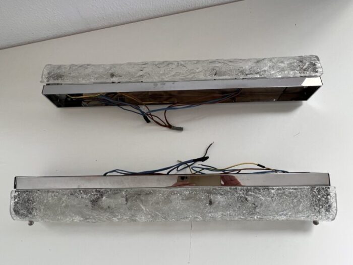 long ice glass wall sconces in textured murano glass attributed to hillebrand 1970s set of 2 0507