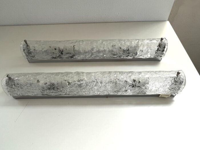 long ice glass wall sconces in textured murano glass attributed to hillebrand 1970s set of 2 9742