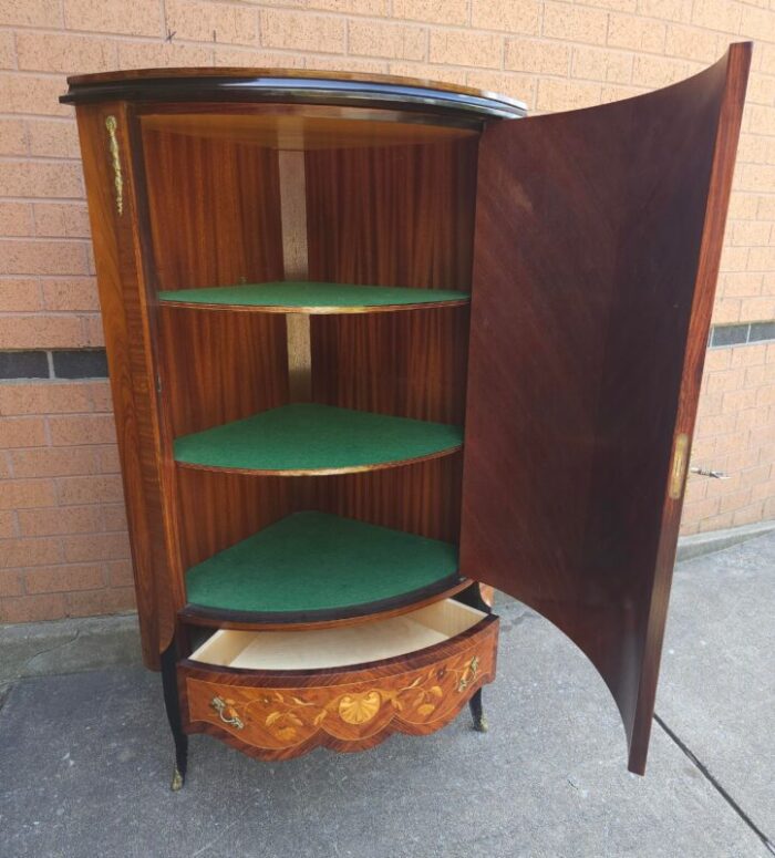 louis xv style marquetry and parquetry kingwood and satinwood corner cupboard cabinet 2817