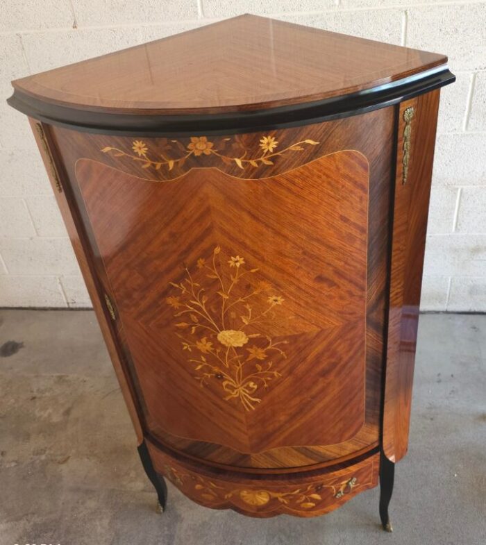 louis xv style marquetry and parquetry kingwood and satinwood corner cupboard cabinet 6659