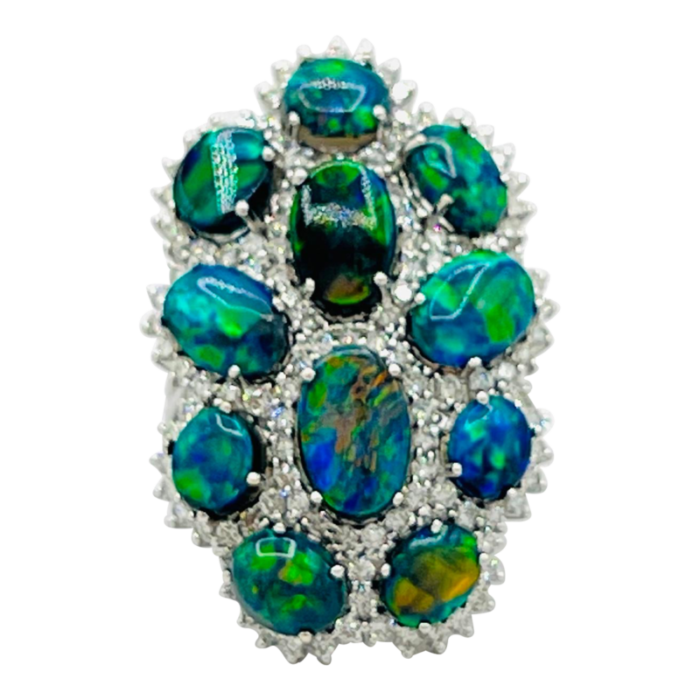 mid 20th century black opal and diamond cluster ring in 18k white gold size 675 3324