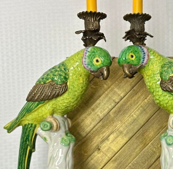 mid 20th century castilian imports parrot porcelain and bronze candle holders a pair 2647