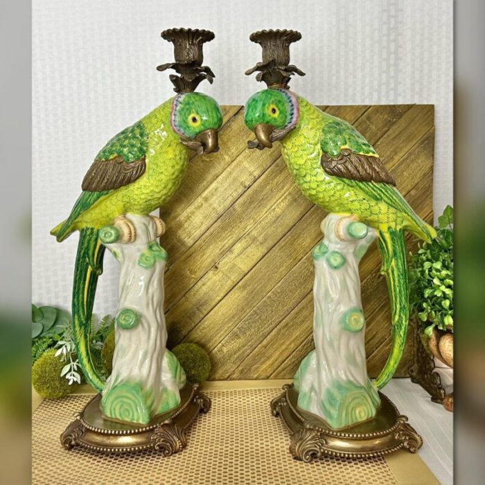 mid 20th century castilian imports parrot porcelain and bronze candle holders a pair 7074