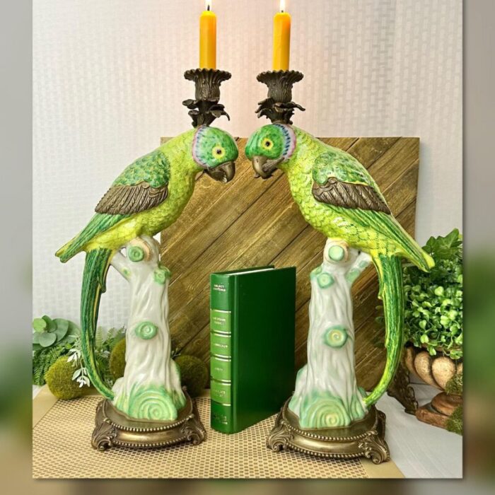 mid 20th century castilian imports parrot porcelain and bronze candle holders a pair 7429